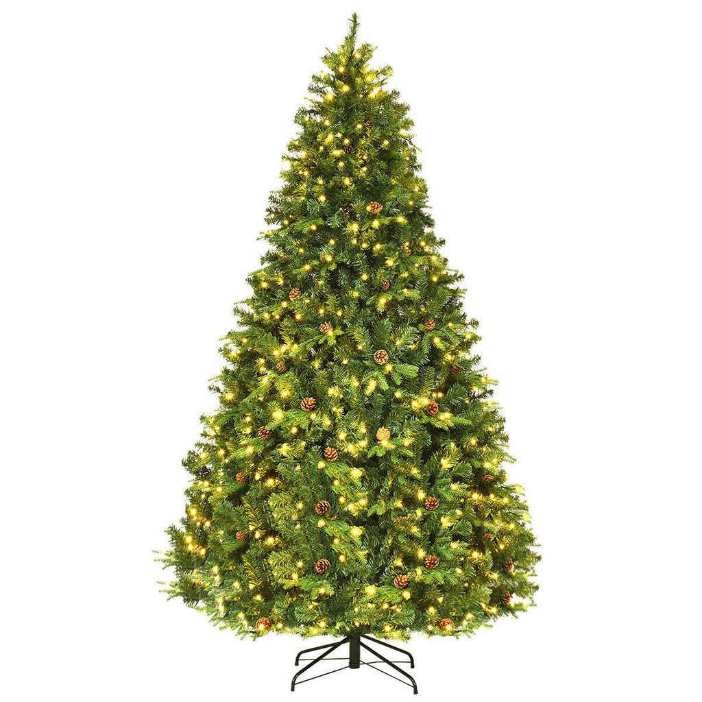 Gymax Premium White 660 LED Green Prelit Spruce Hinged Artificial Christmas Tree, with Pine Cones 8'