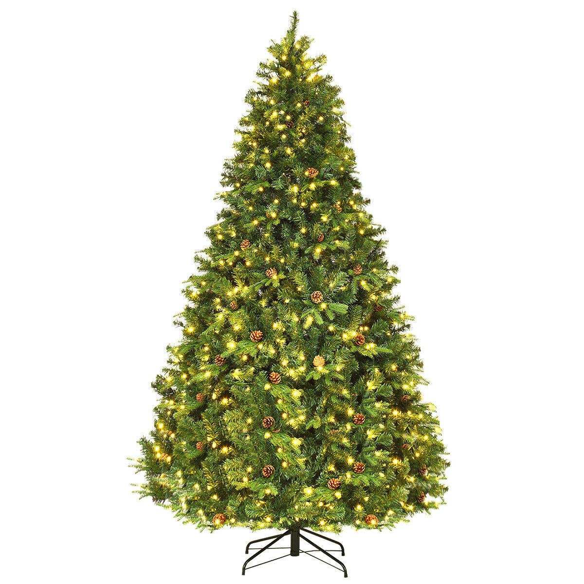 Gymax Premium White 660 LED Green Prelit Spruce Hinged Artificial Christmas Tree, with Pine Cones 8'
