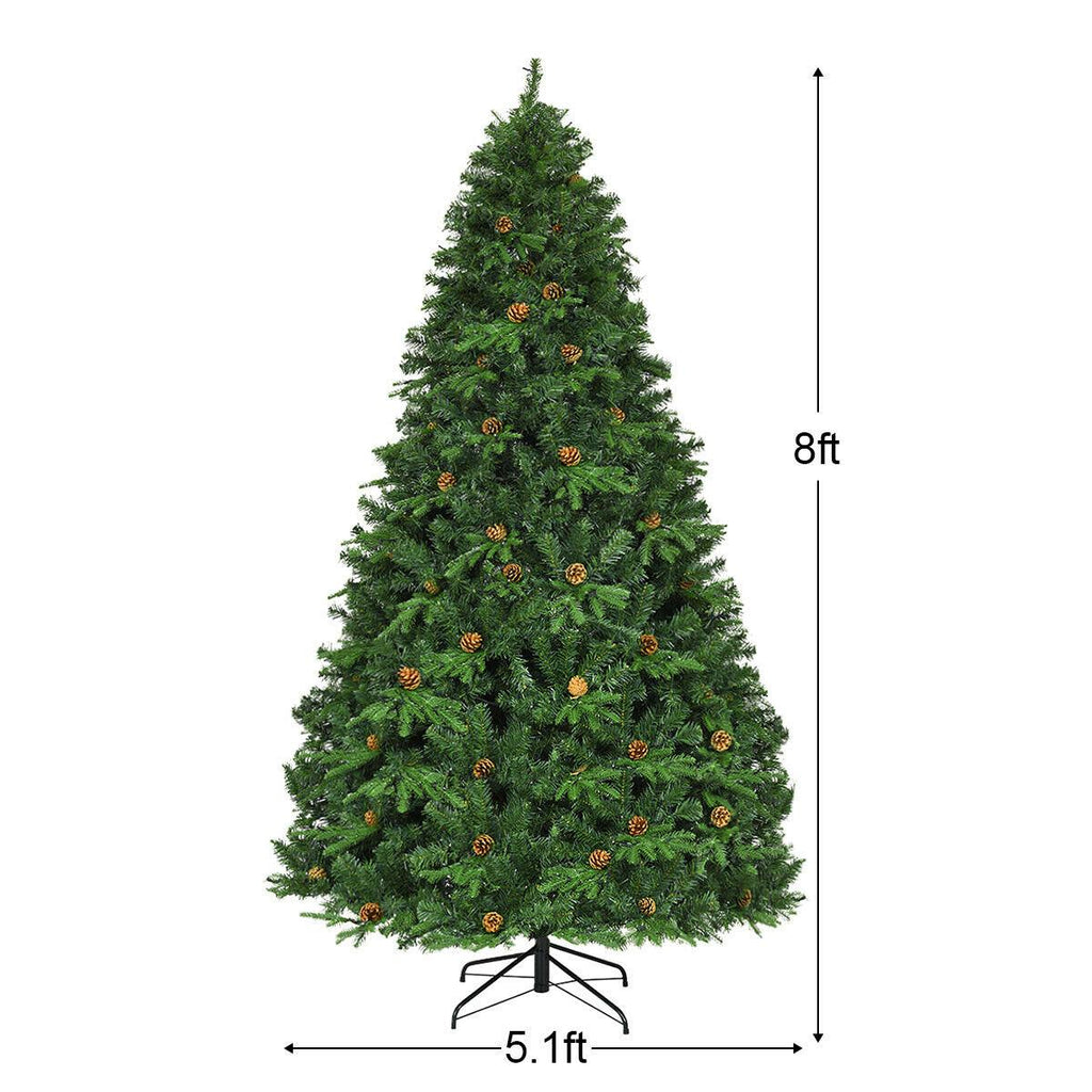Gymax Premium White 660 LED Green Prelit Spruce Hinged Artificial Christmas Tree, with Pine Cones 8'