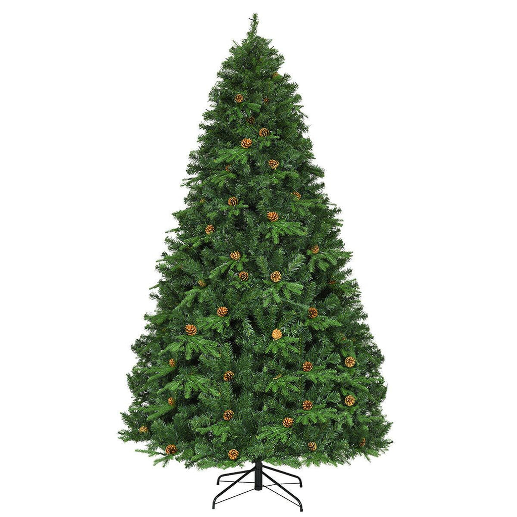 Gymax Premium White 660 LED Green Prelit Spruce Hinged Artificial Christmas Tree, with Pine Cones 8'