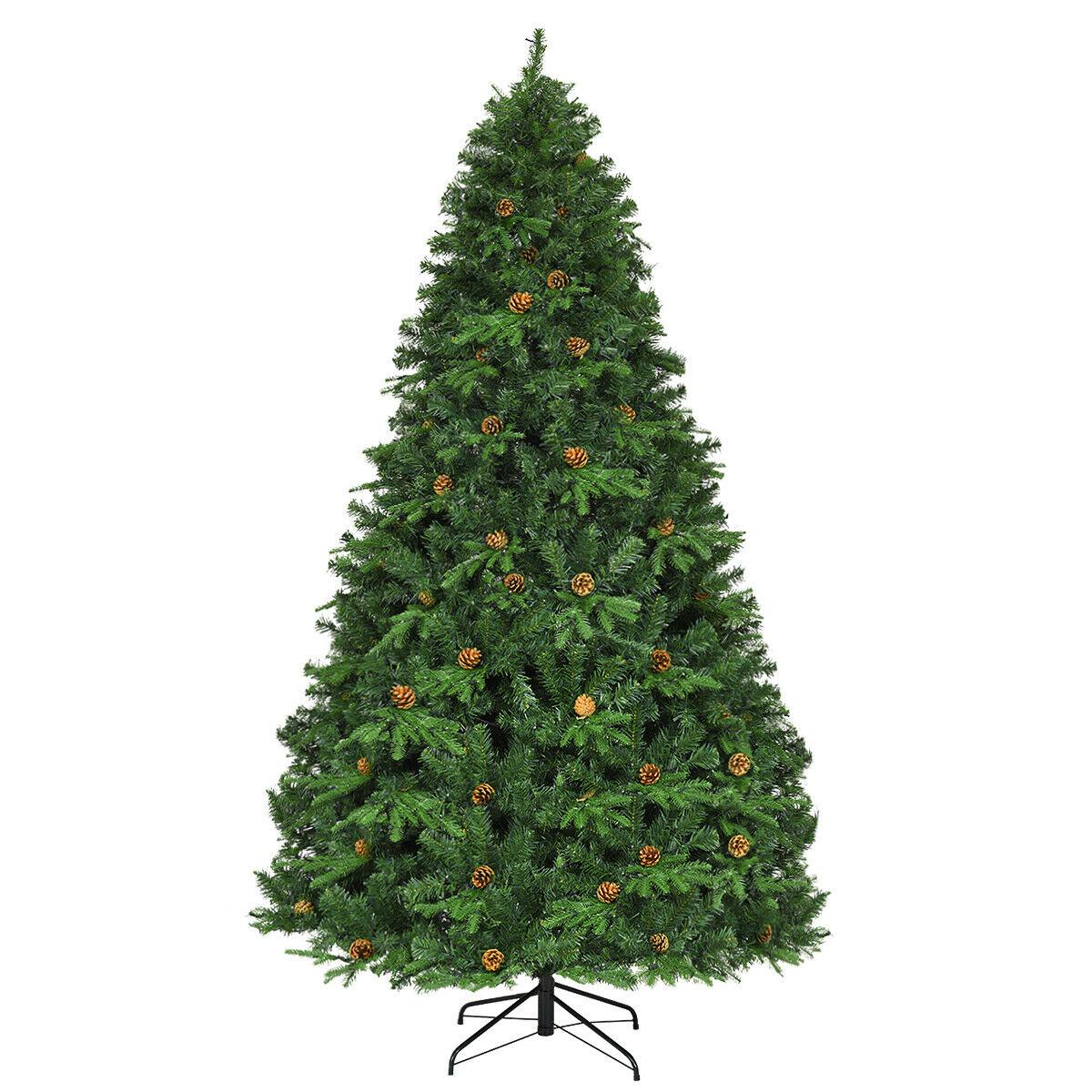 Gymax Premium White 660 LED Green Prelit Spruce Hinged Artificial Christmas Tree, with Pine Cones 8'