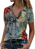 Womens Summer Tops,Summer T Shirts Flower Print Short Sleeve Comfy Loose Blouses Lapel V-Neck Fashion Casual Tops