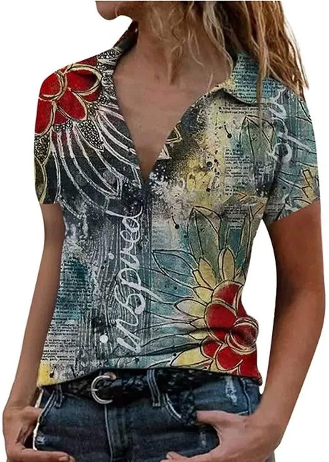 Womens Summer Tops,Summer T Shirts Flower Print Short Sleeve Comfy Loose Blouses Lapel V-Neck Fashion Casual Tops