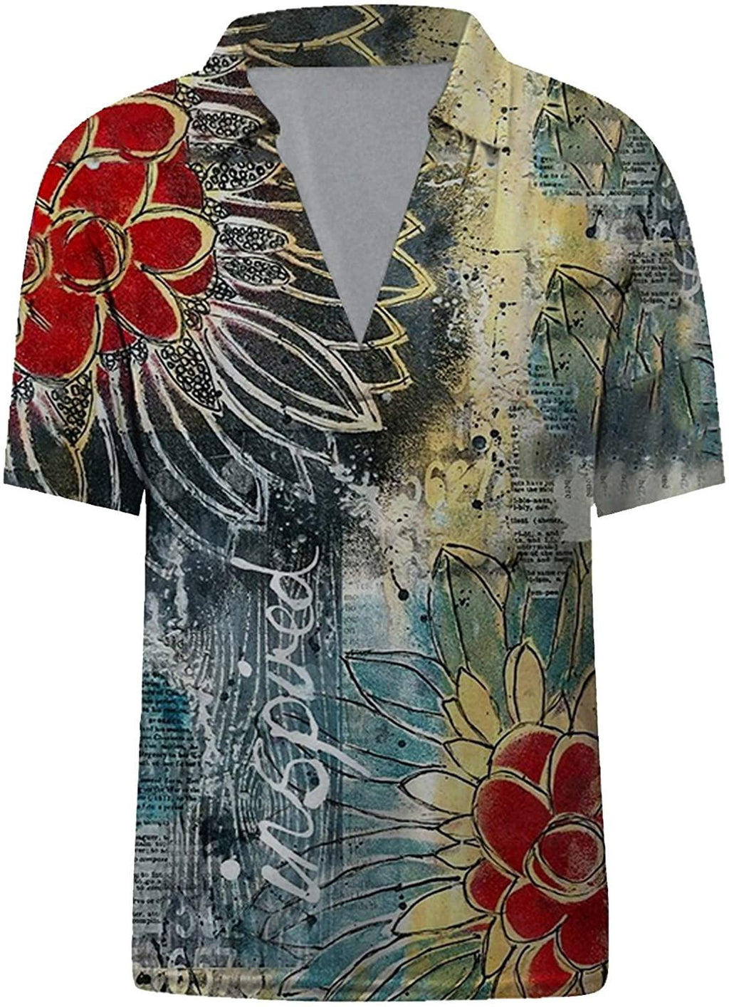 Womens Summer Tops,Summer T Shirts Flower Print Short Sleeve Comfy Loose Blouses Lapel V-Neck Fashion Casual Tops