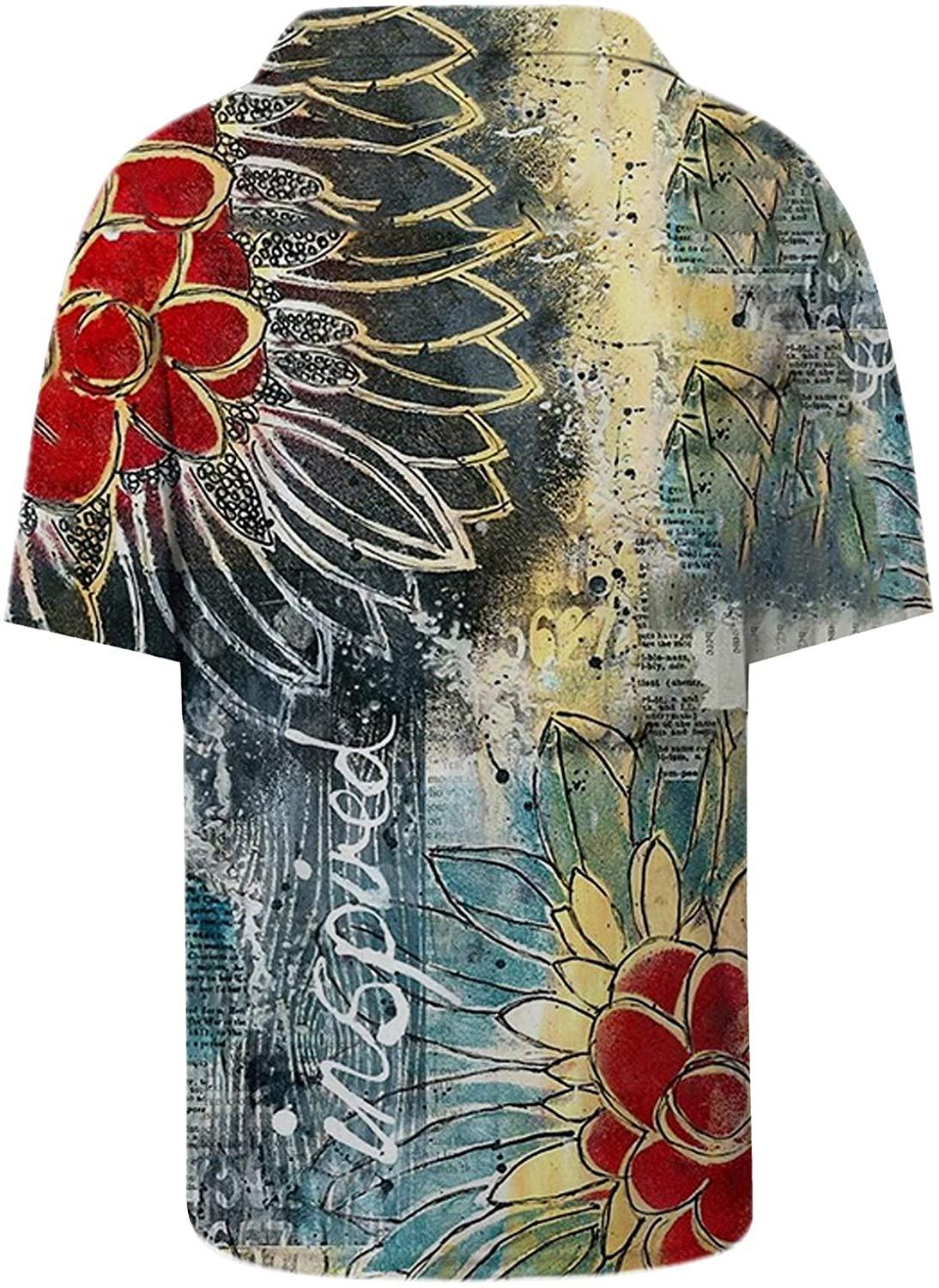 Womens Summer Tops,Summer T Shirts Flower Print Short Sleeve Comfy Loose Blouses Lapel V-Neck Fashion Casual Tops