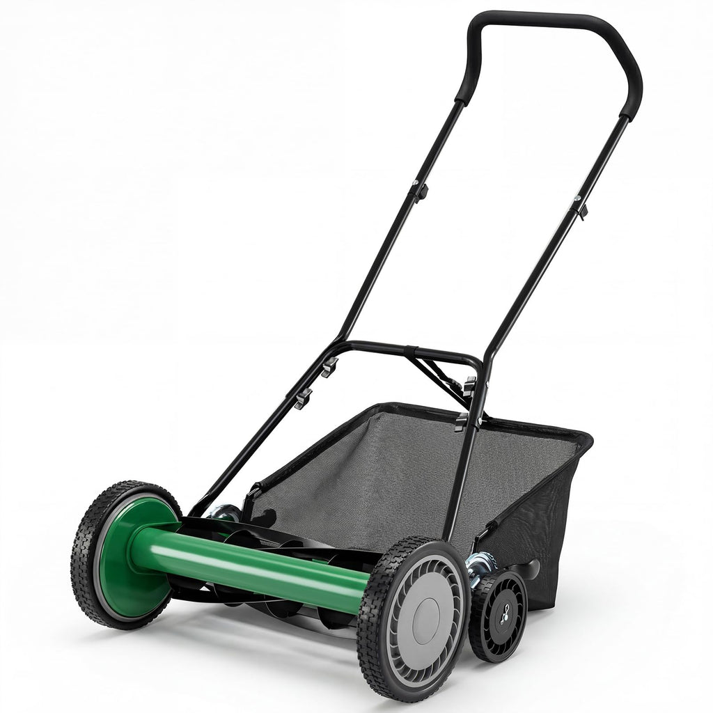 Push Reel Lawn Mower, Cordless 18" Manganese Steel Manual Grass Cutter with 5-Blade, Removable Grass Catcher, 9 Cutting Heights, Walk-Behind Lawn Mower for Garden Farm Yard (Green)