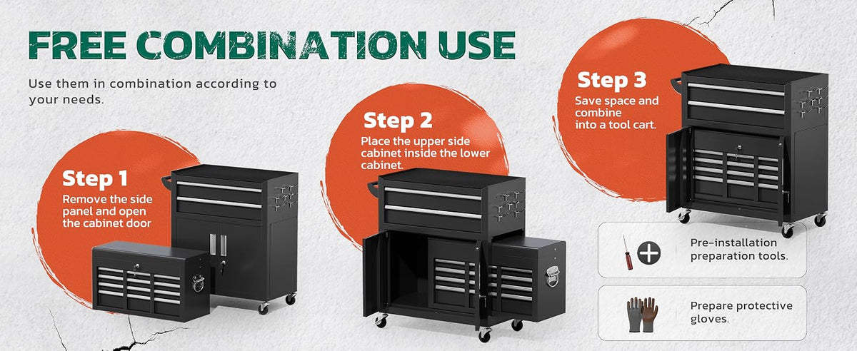 Tool Chest, 8-Drawer Rolling Tool Cart with Hooks, Tray Divider, Liners, 2 in 1 Detachable Tool Cabinet, Metal Tool StoraCart, Tool Box for GaraWorkshop(Black)