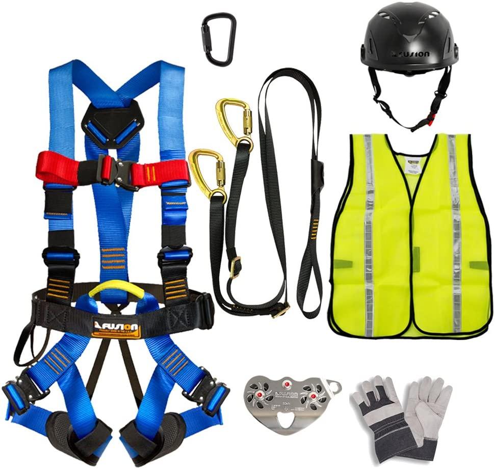 Fusion Climb Pro Backyard Zip Line Kit Harness Lanyard Trolley Carabiner Helmet Vest Glove Bundle FK-A-HLTCHVG-20
