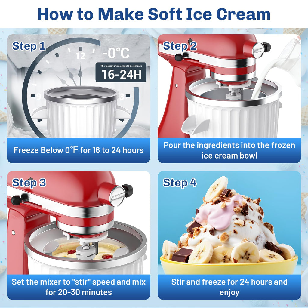 Ice Cream Maker Attachment for  Stand Mixers, Ice Cream Maker Machine Compatible with 4.5QT and Larger  Mixers, 2-Quart Capacity, Sorbet and Gelato Maker Accessory by