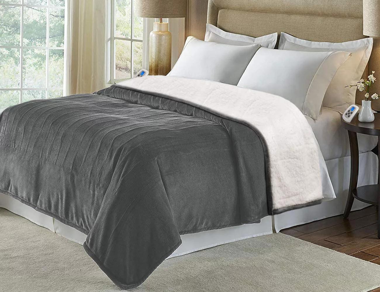 Heated Blanket Throw,Flannel Sherpa Washable and Comfortable Electric Blanket with 10 Heat Settings, Safety 10 Hours Auto-Off &amp;Dual Temperature Dual Control by One Blanket(King, Grey)