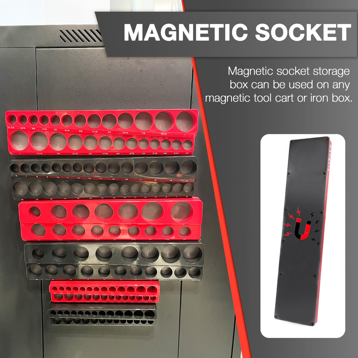 Magnetic Socket Organizer Set, 1/2", 1/4" and 3/8" SAE & Metric Deep & Shallow Socket Holder Kit, holds 141 stanard Sockets, attaches to steel box/tool cart (sockets not included) 丨6PCS