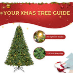 7.5ft Prelit Christmas Tree, Artificial Christmas Tree with 350 Warm White Lights and Metal Stand, 1250 Branch Tips Green Christmas Tree for Indoor Outdoor Home Holiday Decoration, TE1151