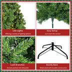 7.5ft Prelit Christmas Tree, Artificial Christmas Tree with 350 Warm White Lights and Metal Stand, 1250 Branch Tips Green Christmas Tree for Indoor Outdoor Home Holiday Decoration, TE1151