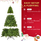 7.5ft Prelit Christmas Tree, Artificial Christmas Tree with 350 Warm White Lights and Metal Stand, 1250 Branch Tips Green Christmas Tree for Indoor Outdoor Home Holiday Decoration, TE1151