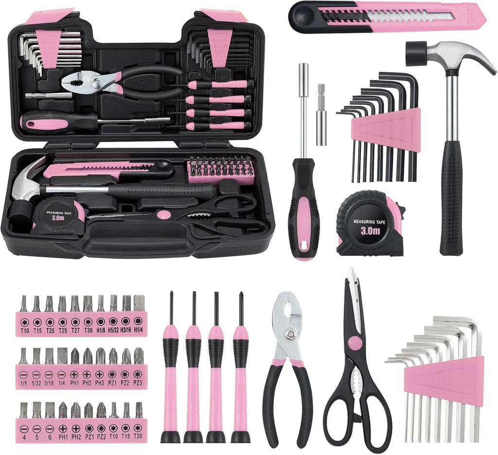 58 Piece Household Tool Set, General Household Hand Tool Kit with Plastic Toolbox StoraCase, All Purpose Household Tool Kit for Women, Girls and Ladies, Pink