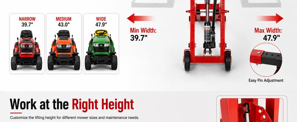 Lawn Mower Jack Lift 500-LB Carbon Steel Manual Crank Adjustable Width Tool | 3-Level Height Adjustment ,4-Level Tire Width Adjustment, Easy Operation Multiple Equipment ,Durable Construction