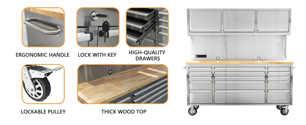 72-inch Rolling Tool Cabinet Mobile Workbench Tool Chest with 15 StoraDrawers, Wheels, 3 Uper Cabinet, Outlet, SS Pegboard,  Steel