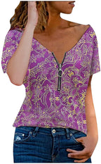 Women Summer Tops, Short Sleeve Sexy V Neck Zipper T-Shirts,Patchwork Casual Loose Fit Pullover Blouse