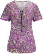 Women Summer Tops, Short Sleeve Sexy V Neck Zipper T-Shirts,Patchwork Casual Loose Fit Pullover Blouse