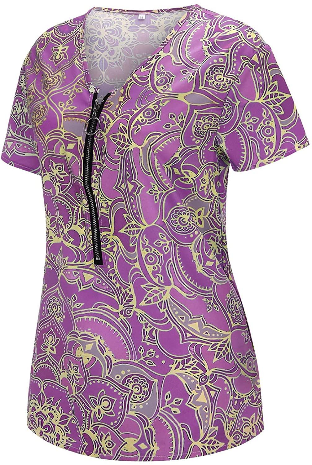 Women Summer Tops, Short Sleeve Sexy V Neck Zipper T-Shirts,Patchwork Casual Loose Fit Pullover Blouse