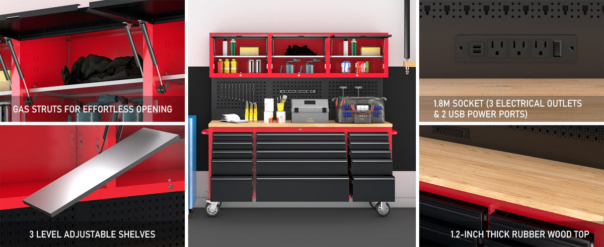 72" Rolling Tool Chest with 15 Drawers - Heavy Duty GaraWorkbench with Power Strip & Pegboard - 18" Deep 1.2" Thick Solid Top, Lockable Tool StoraCabinet for Professional Mechanic