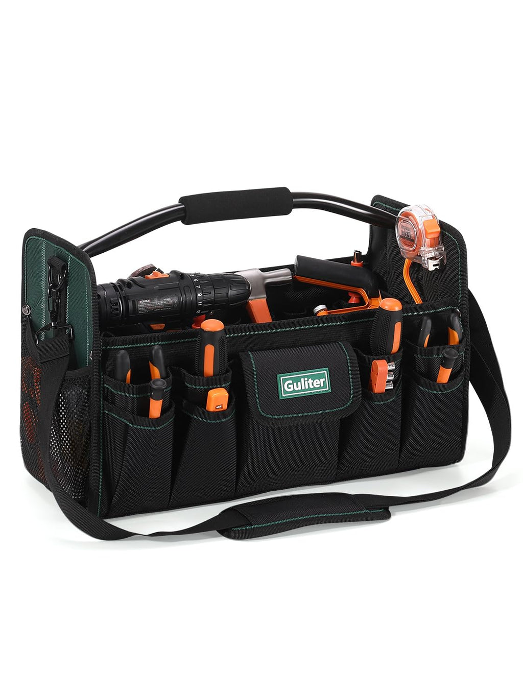 17 Inch Tool Bag,Electrician Tool Bags,Heavy Duty Open Top Tool Tote,31 Pocket Tool Box Organizer with  Steel Handle & Adjustable Shoulder Strap, Black/Green