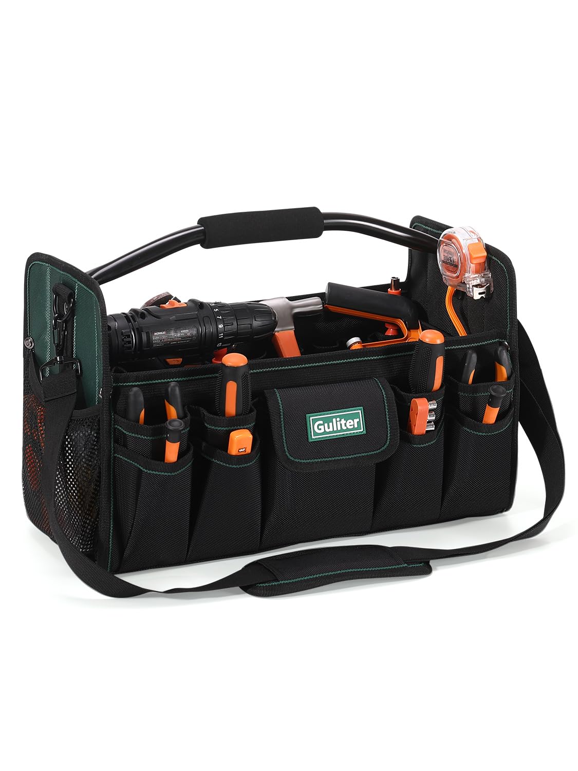 17 Inch Tool Bag,Electrician Tool Bags,Heavy Duty Open Top Tool Tote,31 Pocket Tool Box Organizer with  Steel Handle & Adjustable Shoulder Strap, Black/Green