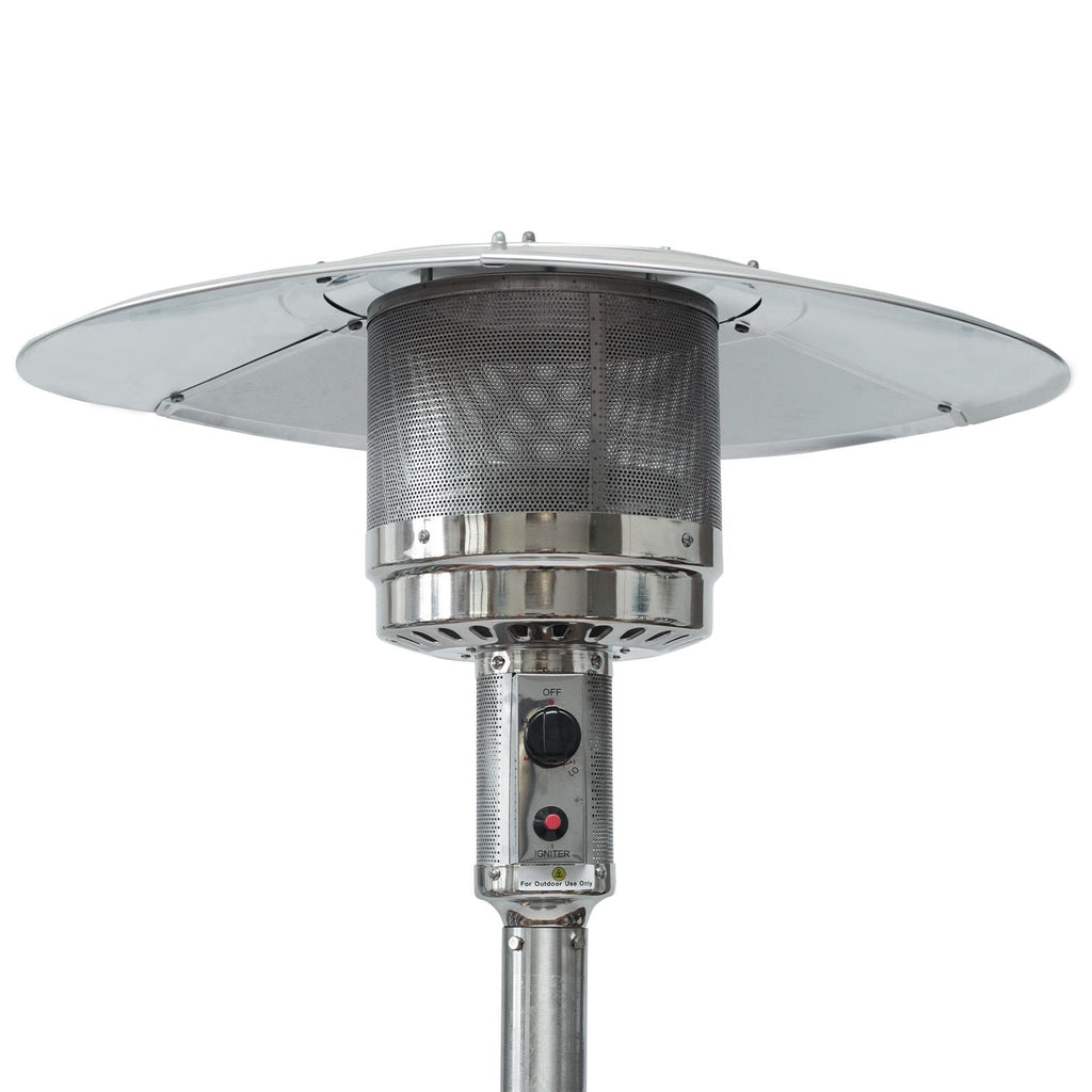46000BTU Propane Stainless Steel Mushroom Outdoor Patio Heater with Hollow Pattern on Tank housing, with Two Smooth-rolling Wheels,with Hose Set,with black Cover,Pole in Two Pieces(Upper and Bottom)