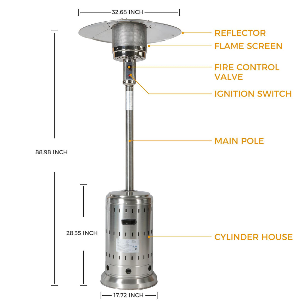 RTR 46000Btu Propane Stainless Steel Mushroom Outdoor Patio Heater, With Two Smooth-Rolling Wheels,With Hose Set,With Black Cover,Pole In Two Pieces(Upper And Bottom)