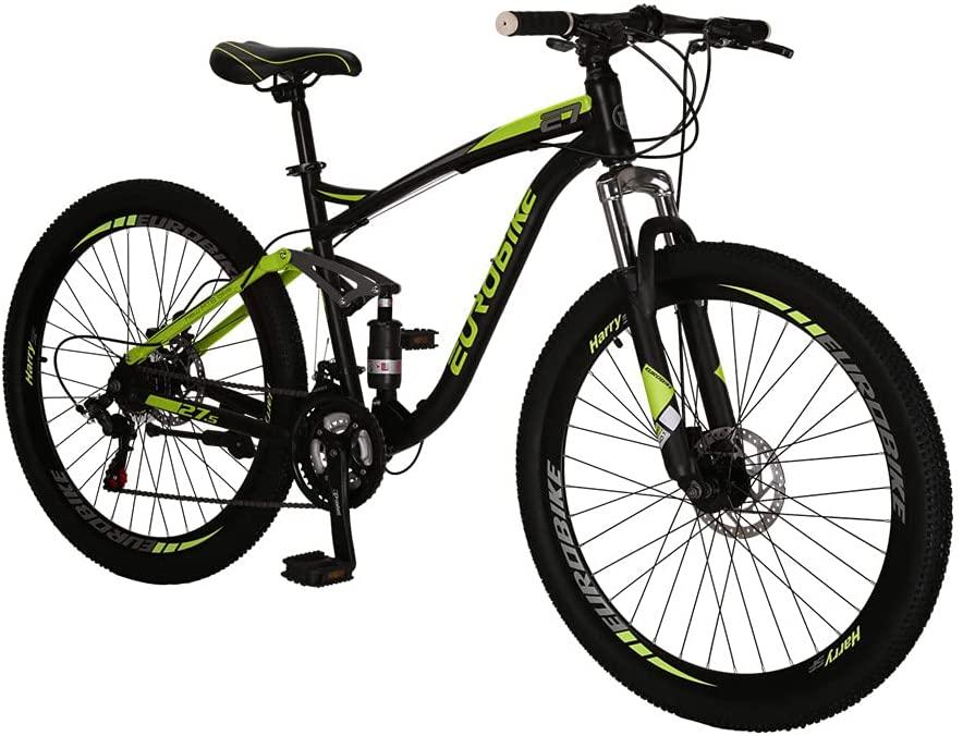 Eurobike E7 Adult Mountain Bike 18 inch Steel Frame 27.5 inch Muti Spoke Double Alloy Wheel Disc Brake 21 Speed Gears Full Suspension MTB Bicycle