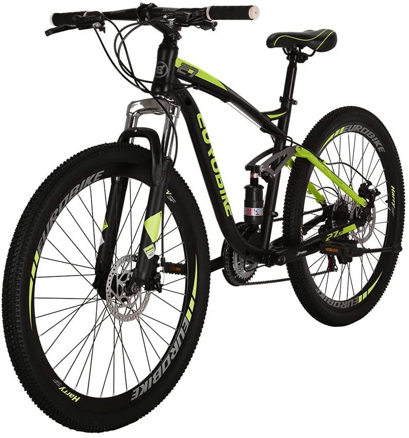 Eurobike E7 Adult Mountain Bike 18 inch Steel Frame 27.5 inch Muti Spoke Double Alloy Wheel Disc Brake 21 Speed Gears Full Suspension MTB Bicycle