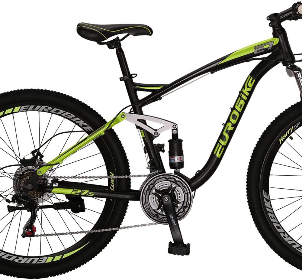 Eurobike E7 Adult Mountain Bike 18 inch Steel Frame 27.5 inch Muti Spoke Double Alloy Wheel Disc Brake 21 Speed Gears Full Suspension MTB Bicycle