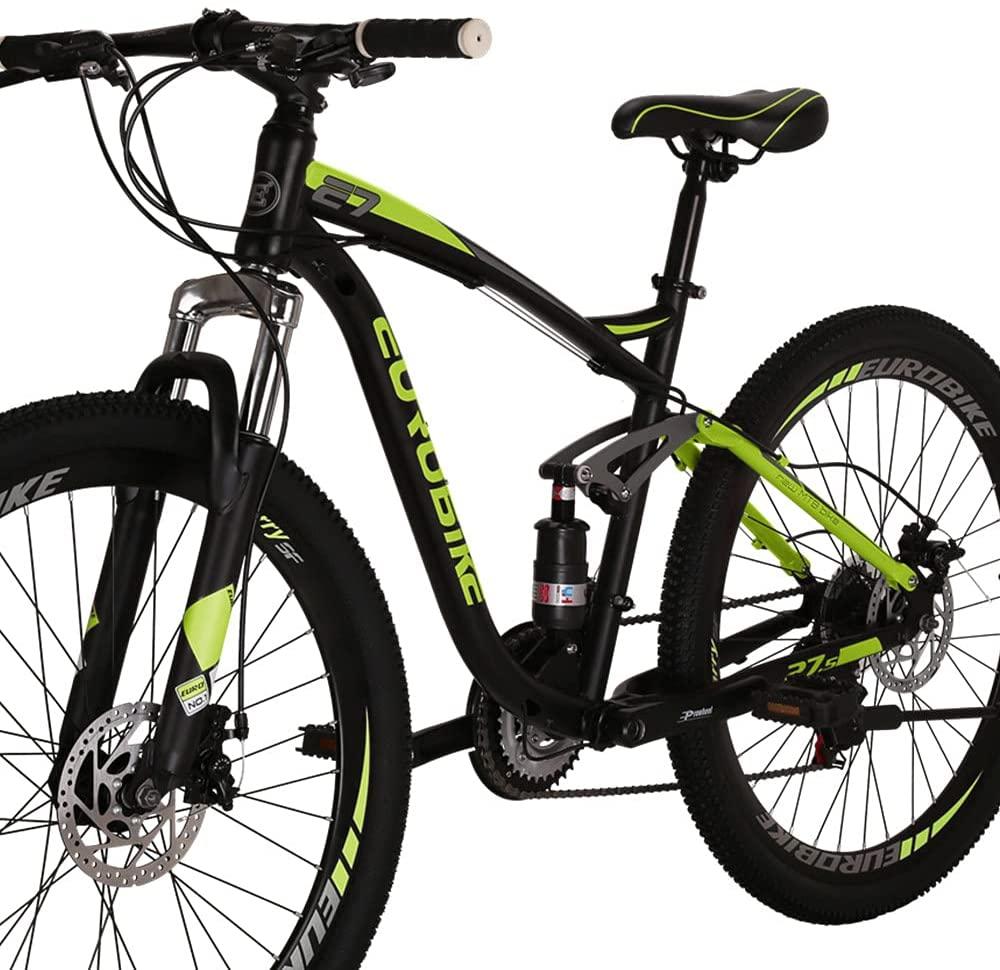 Eurobike E7 Adult Mountain Bike 18 inch Steel Frame 27.5 inch Muti Spoke Double Alloy Wheel Disc Brake 21 Speed Gears Full Suspension MTB Bicycle