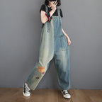 Women's Patch Loose Denim Straight Jumpsuit