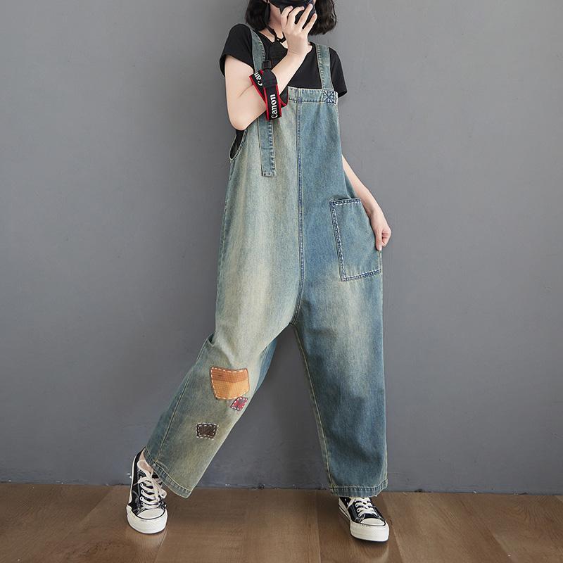 Women's Patch Loose Denim Straight Jumpsuit