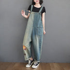Women's Patch Loose Denim Straight Jumpsuit
