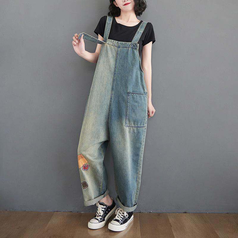 Women's Patch Loose Denim Straight Jumpsuit