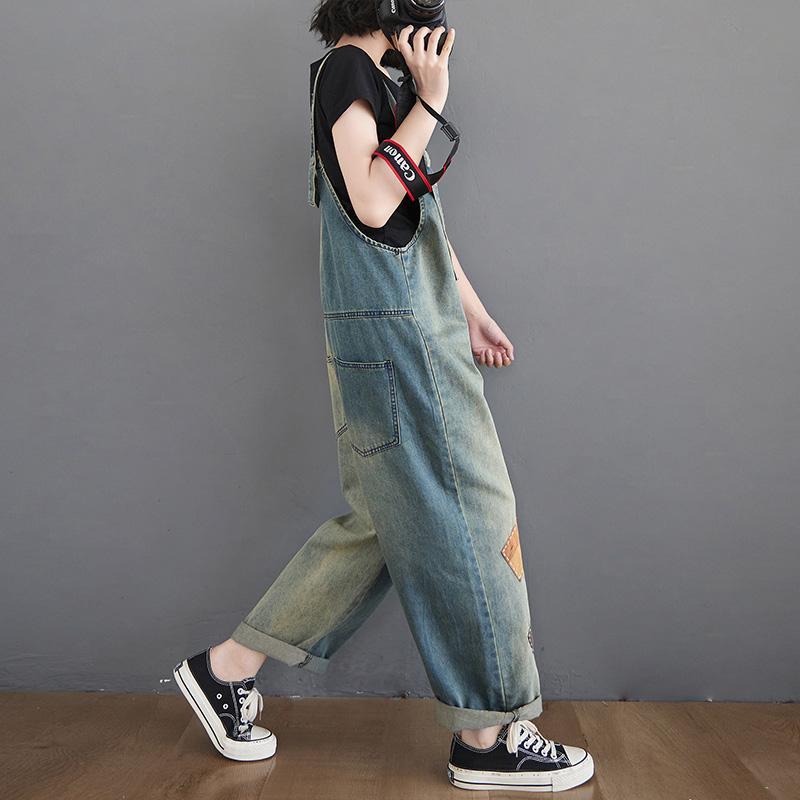 Women's Patch Loose Denim Straight Jumpsuit