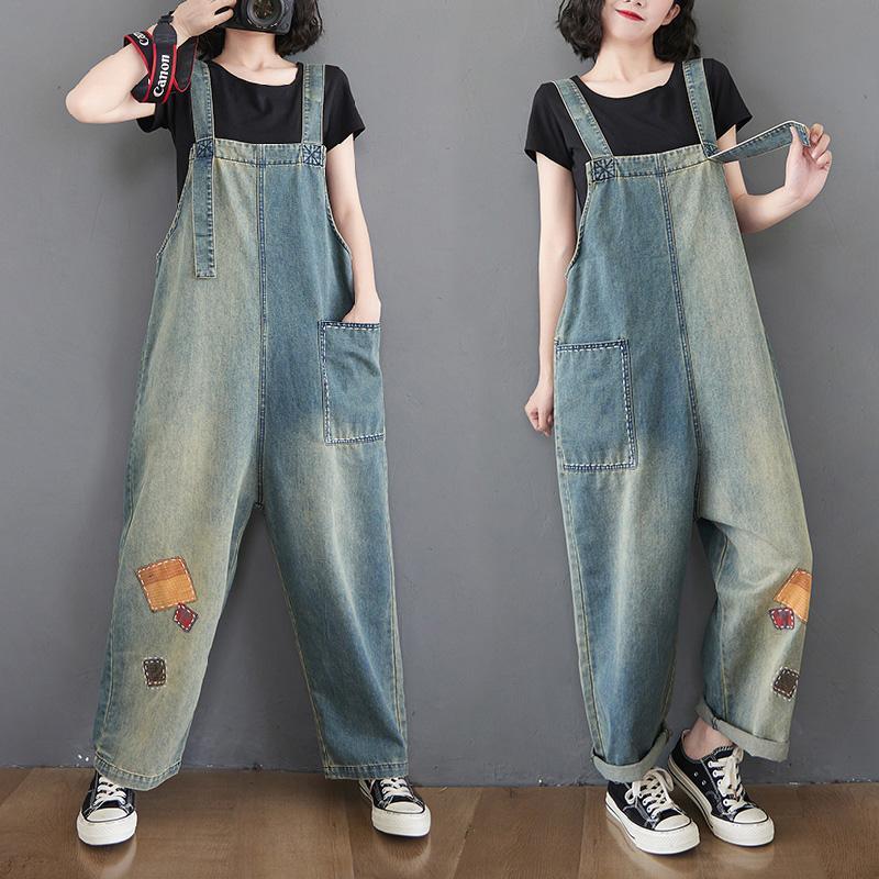 Women's Patch Loose Denim Straight Jumpsuit