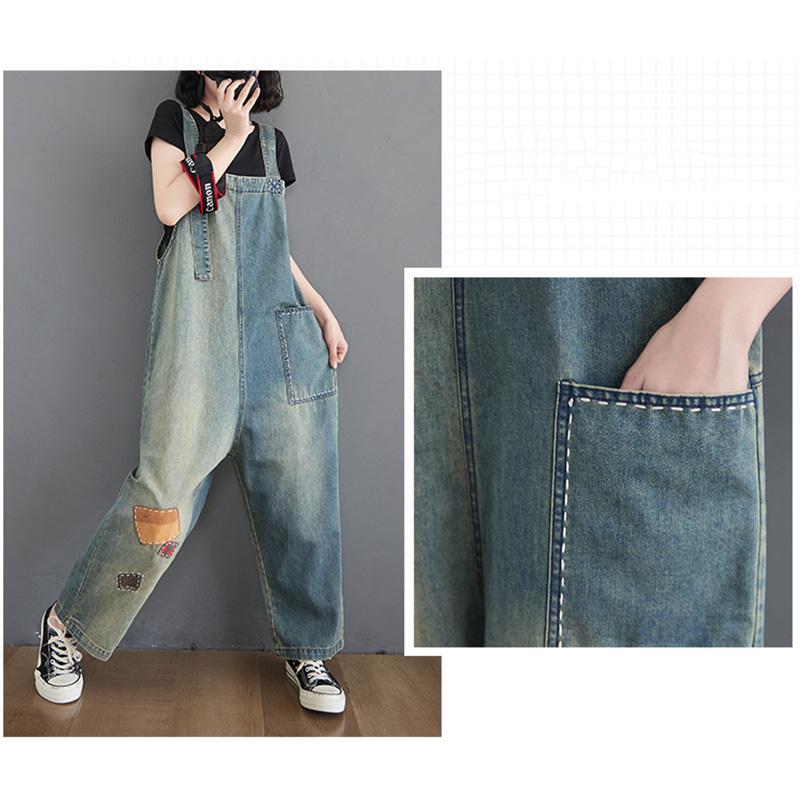 Women's Patch Loose Denim Straight Jumpsuit