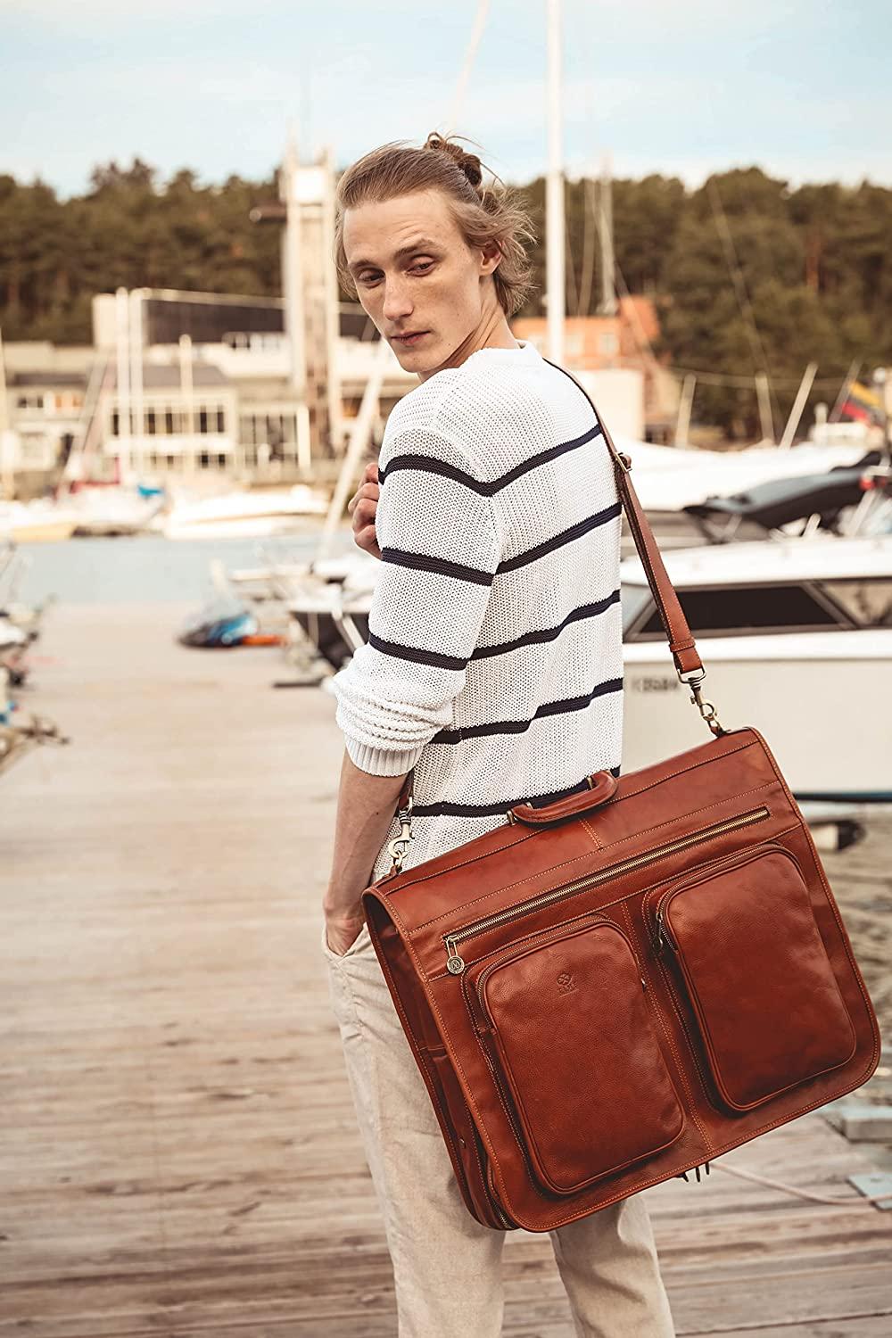 Leather Garment Bag Suit Duffel Slim Carry-on Suitcase Dress Protection Bag Brown – Time Resistance (Cognac)