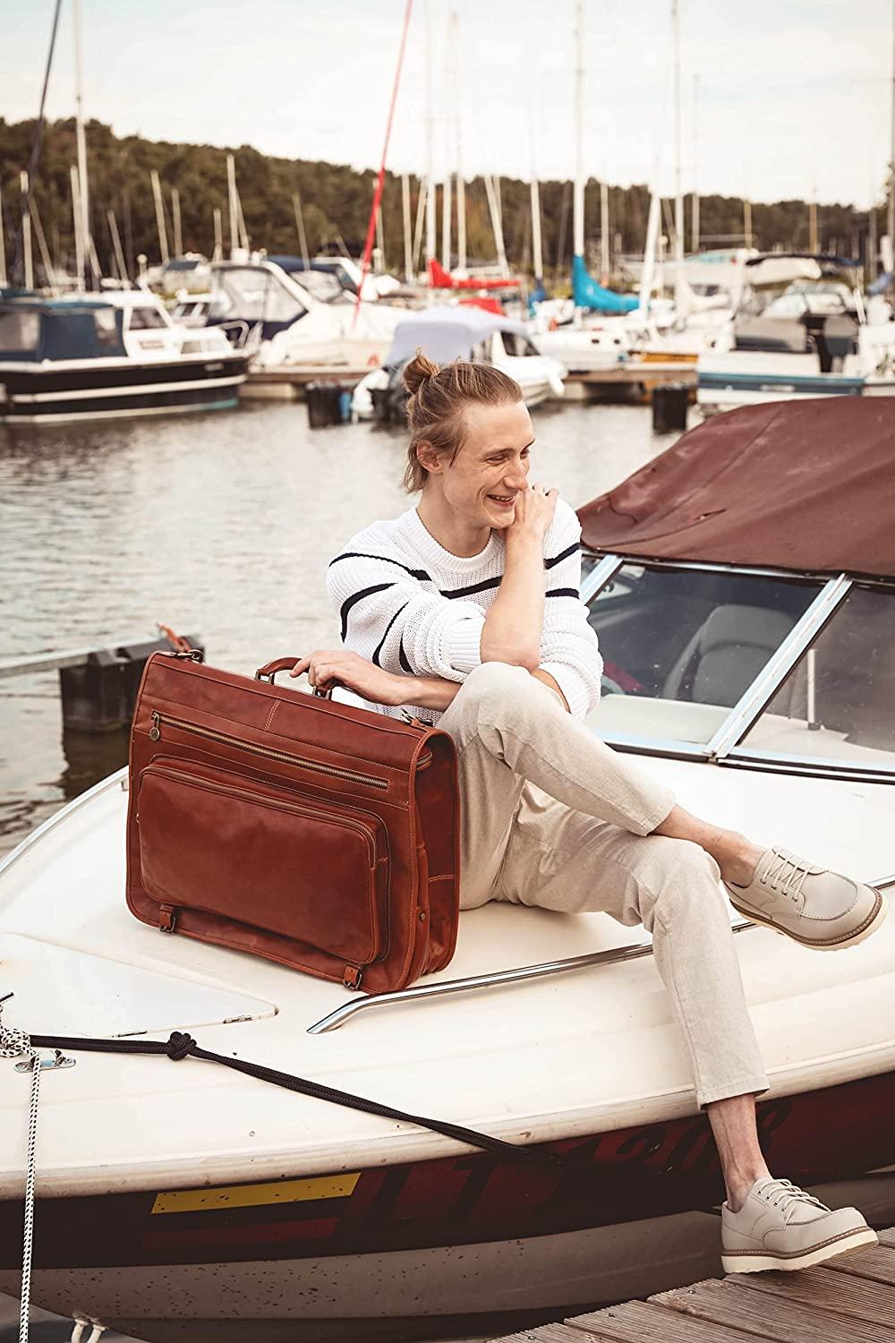 Leather Garment Bag Suit Duffel Slim Carry-on Suitcase Dress Protection Bag Brown – Time Resistance (Cognac)