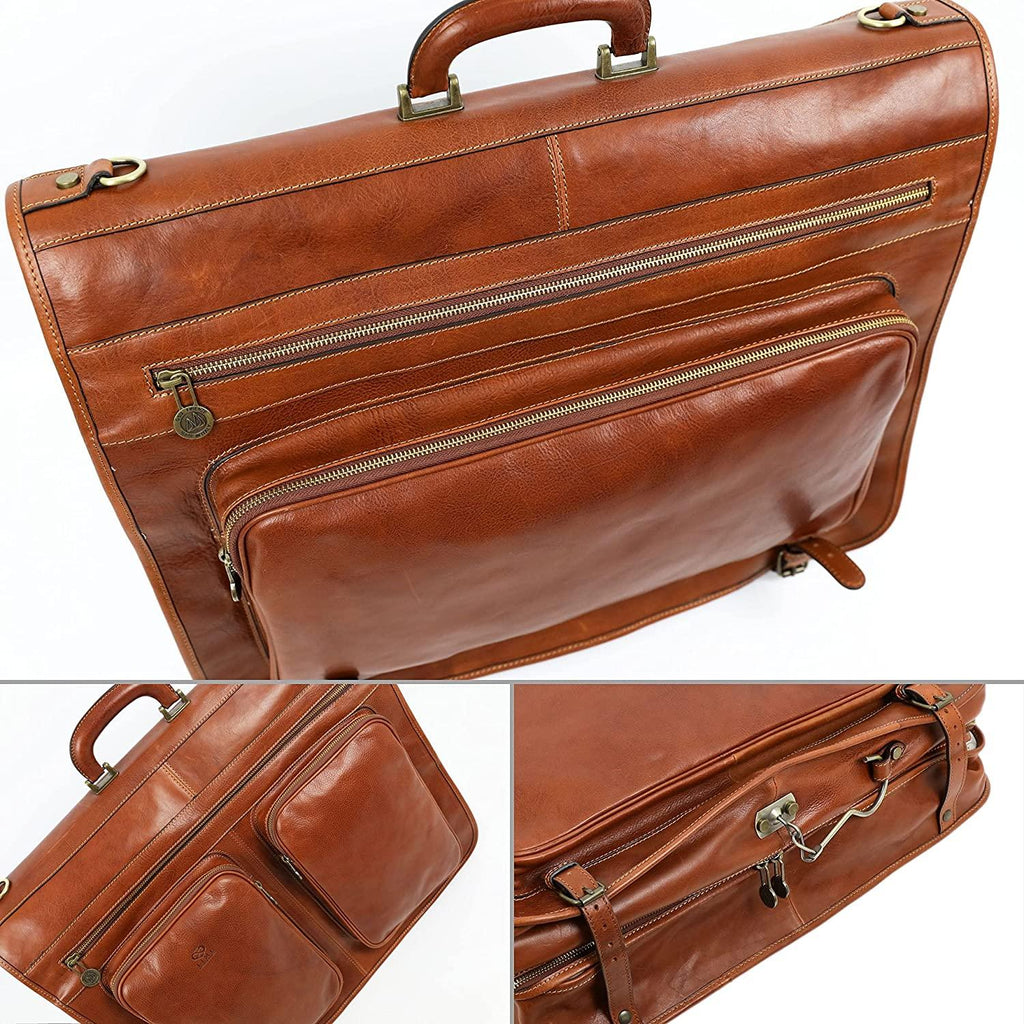 Leather Garment Bag Suit Duffel Slim Carry-on Suitcase Dress Protection Bag Brown – Time Resistance (Cognac)