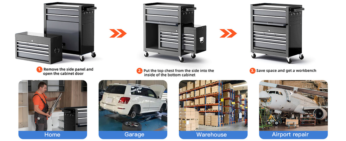 8-Drawer Tool Chest with Wheels,42'' Rolling Tool Chest Heavy Duty,Detachable Top Tool Box,Tool Cabinet with Hooks,Liners,Tray Divider,Rolling Tool Box for GaraStorage, Workshop,Warehouse,Black
