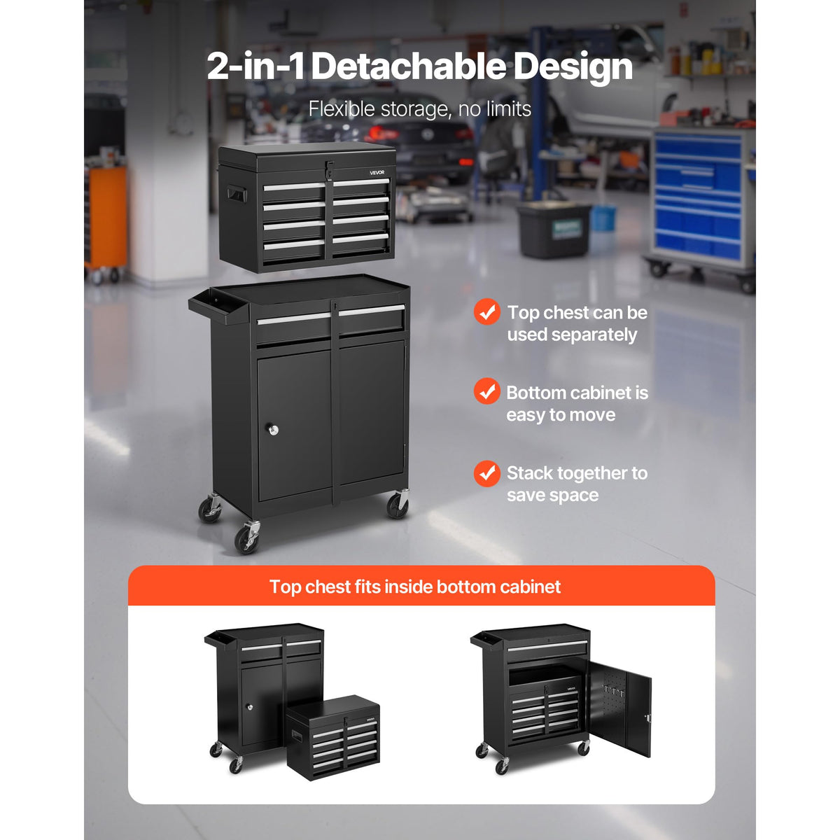Rolling Tool Chest, 2-in-1 , 5 Drawers Tool Cabinet Organizer with Detachable Top Metal Toolbox, Lock Bar, Protective Liner, and Tools Rack, GaraStoraCabinet for Warehouse, Workshop