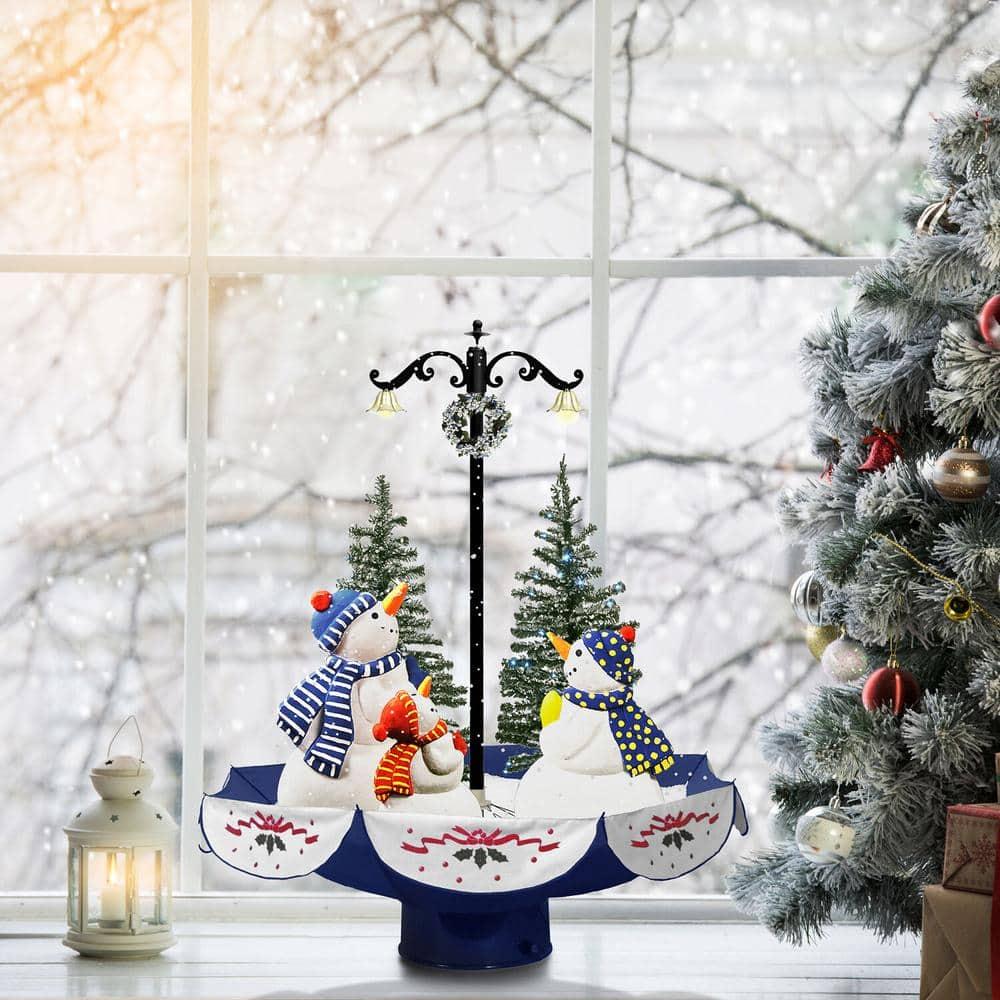 29 in. Christmas Snowy Indoor Snow-Family Scene with Blue Umbrella Base