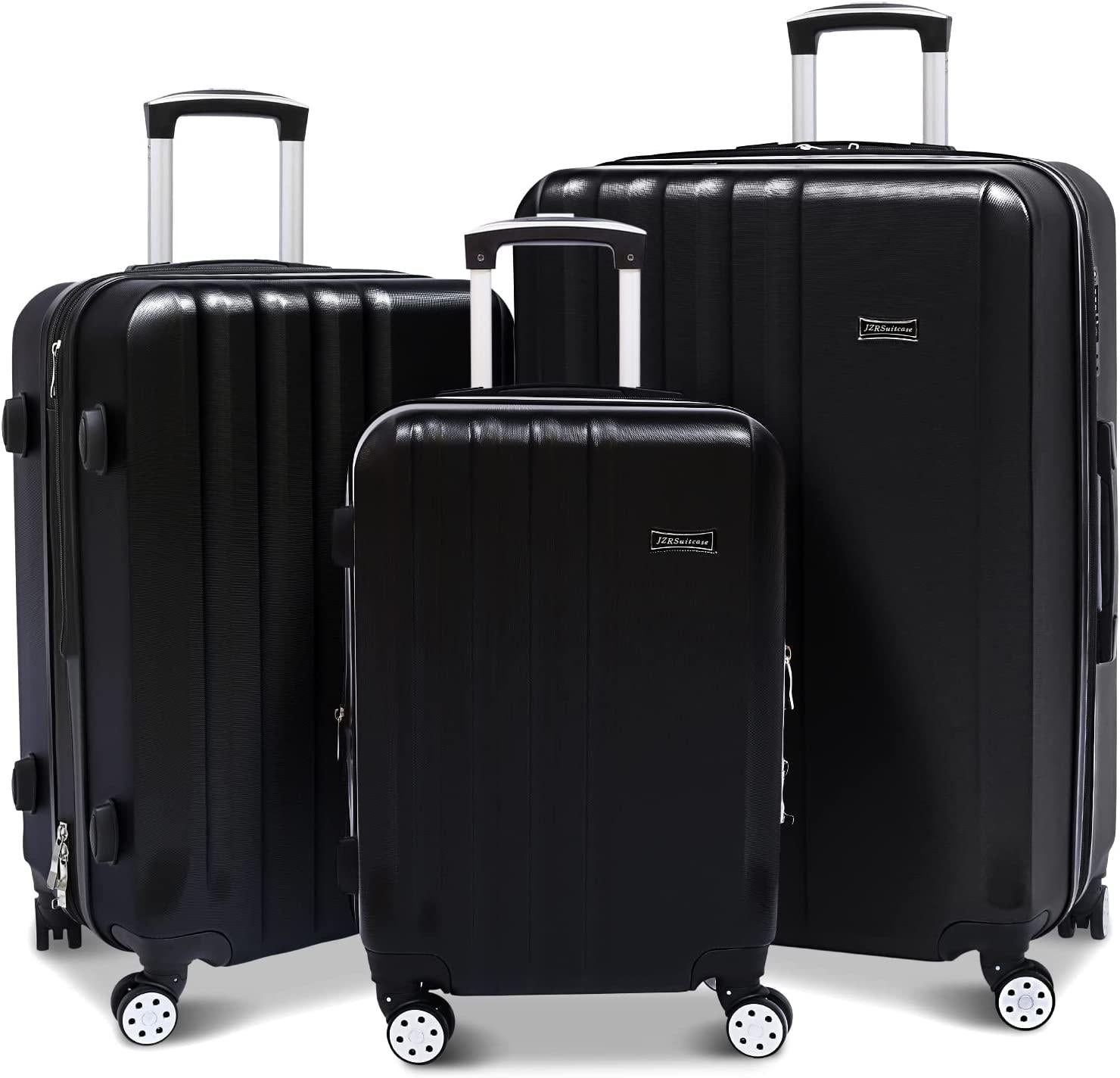 3 Pieces Luggage Sets Hardshell Carry On Suitcase Sets with Spinner Wheels (black, 3 piece set)