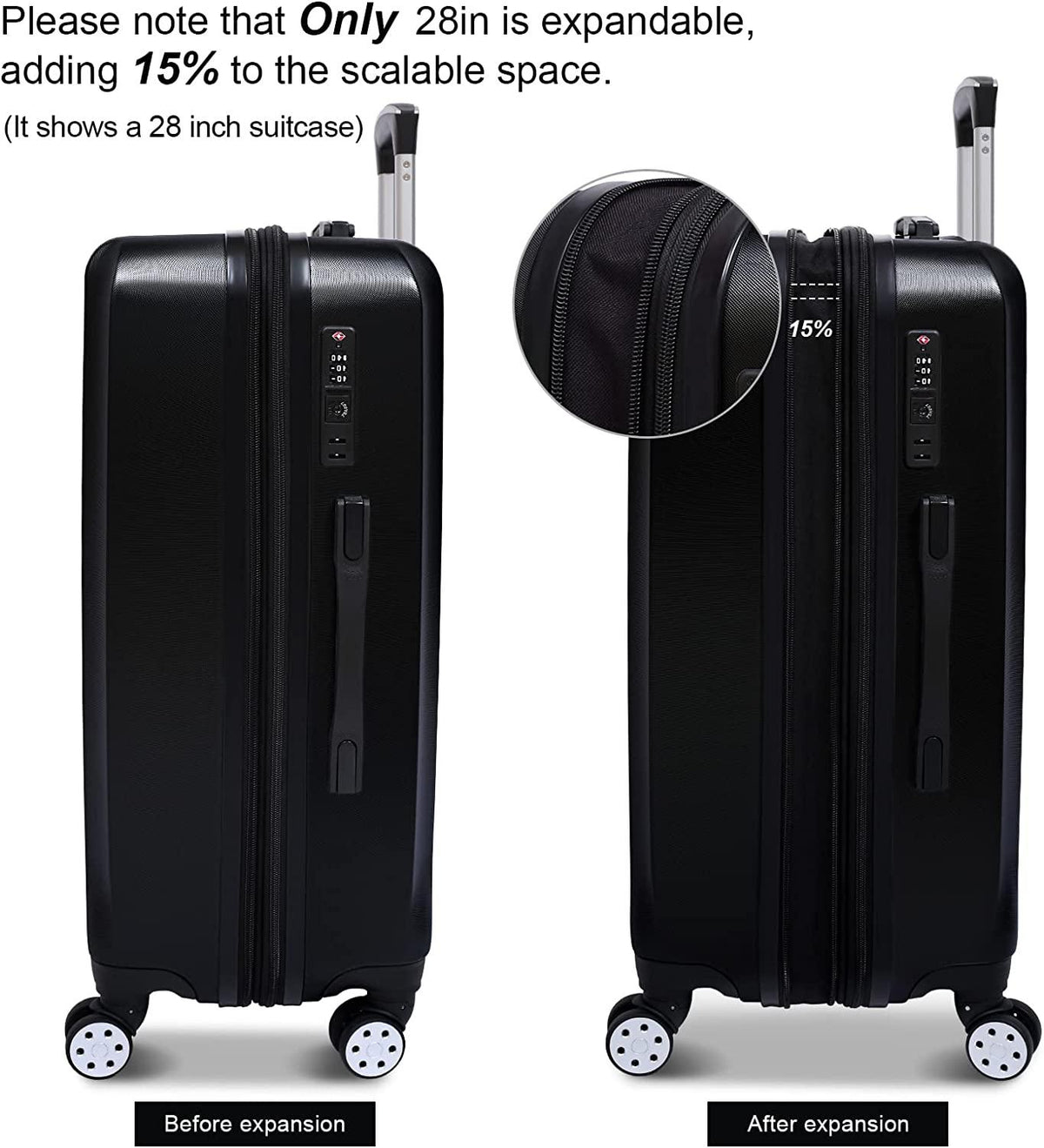 3 Pieces Luggage Sets Hardshell Carry On Suitcase Sets with Spinner Wheels (black, 3 piece set)
