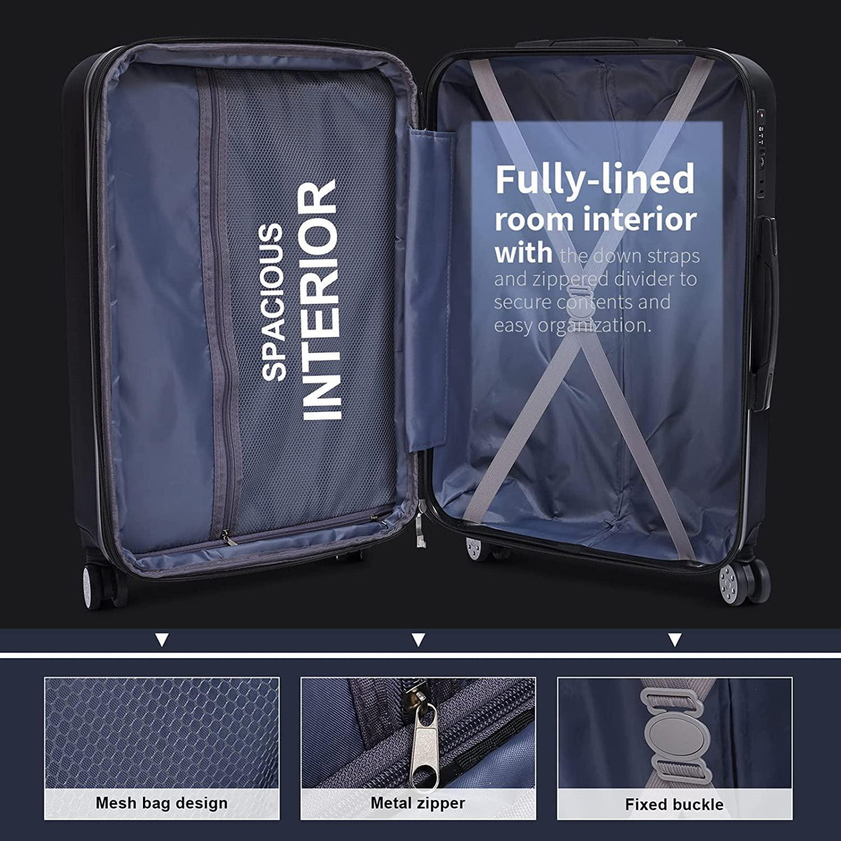 3 Pieces Luggage Sets Hardshell Carry On Suitcase Sets with Spinner Wheels (black, 3 piece set)