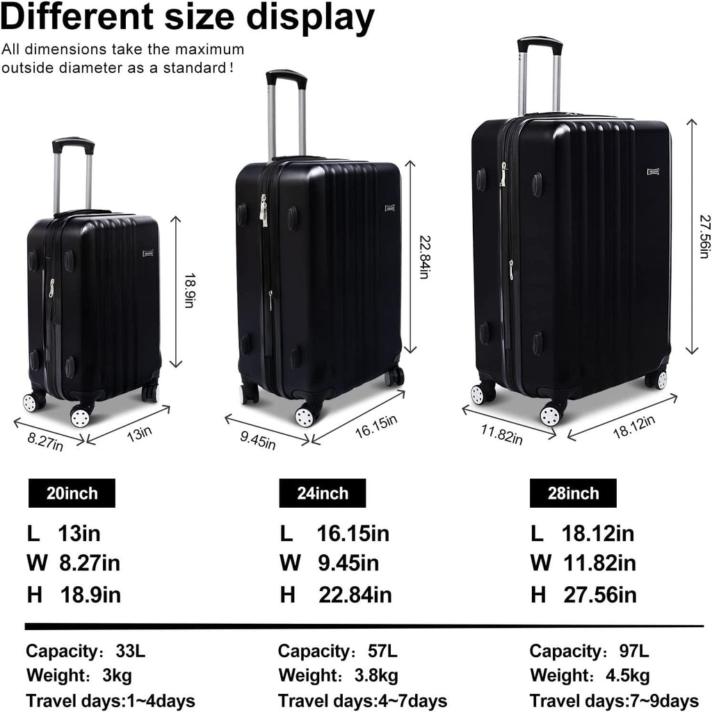 3 Pieces Luggage Sets Hardshell Carry On Suitcase Sets with Spinner Wheels (black, 3 piece set)